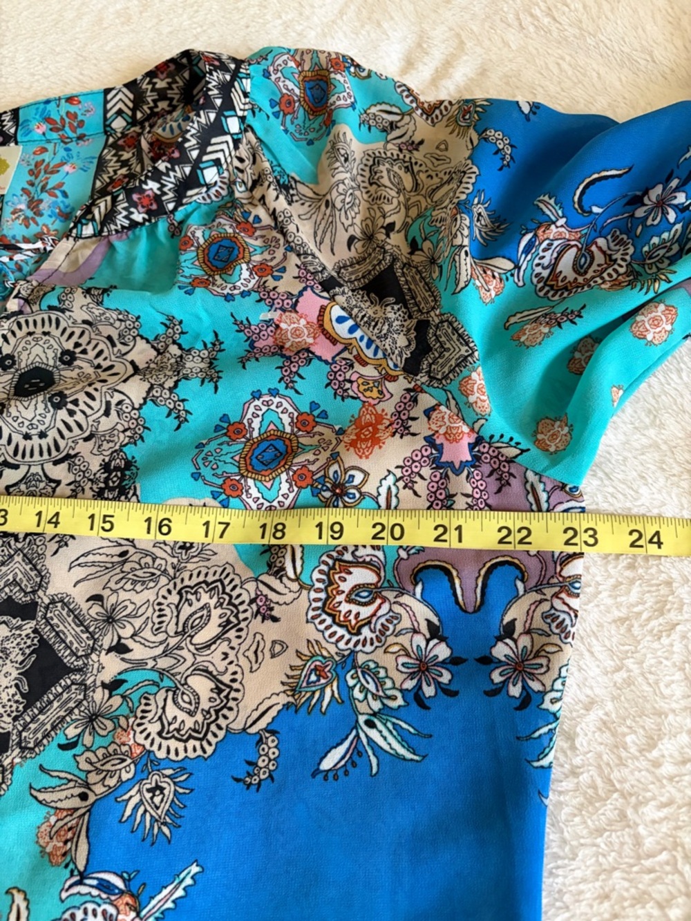 fig and flower Turquoise/Blue Printed Peasant‎ Semi Sheer Balloons Sleeve Blouse - Picture 8 of 9